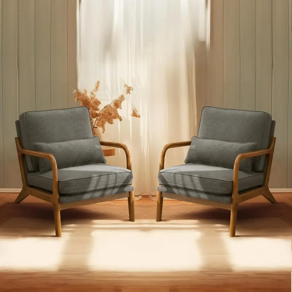 Upholstered Accent Chairs Farmhouse Armchairs Linen Blend Fabric Widened Armrests Waist Pillow (Set of 2)