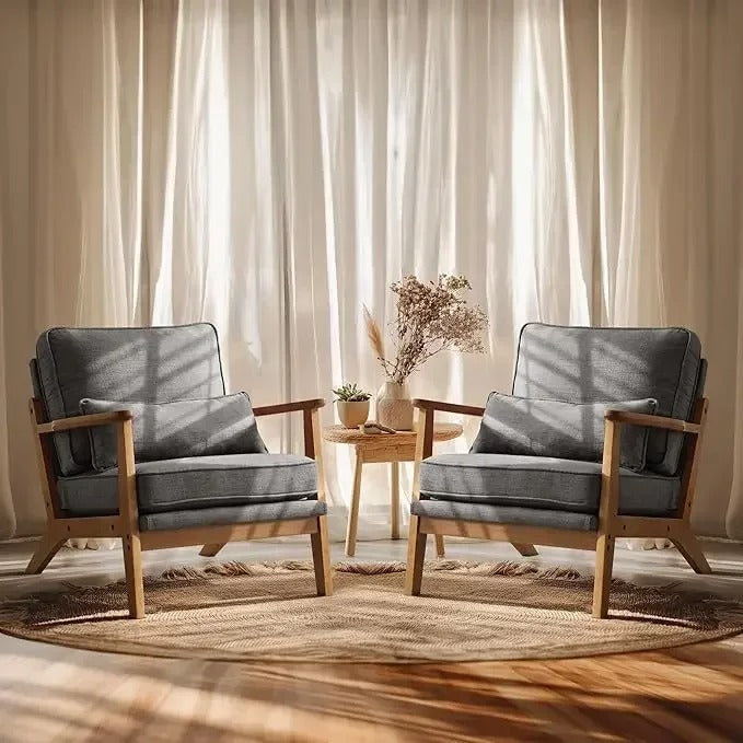 Upholstered Accent Chairs Farmhouse Armchairs Linen Blend Fabric Widened Armrests Waist Pillow (Set of 2)