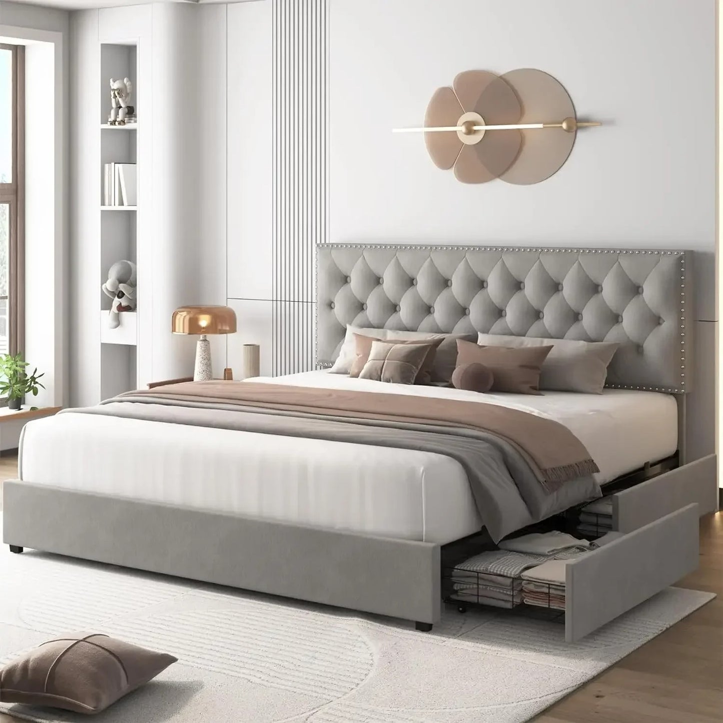 Upholstered Platform Bed Frame Storage Drawers Adjustable Headboard, Sturdy Slats, Elegant Tufted Design