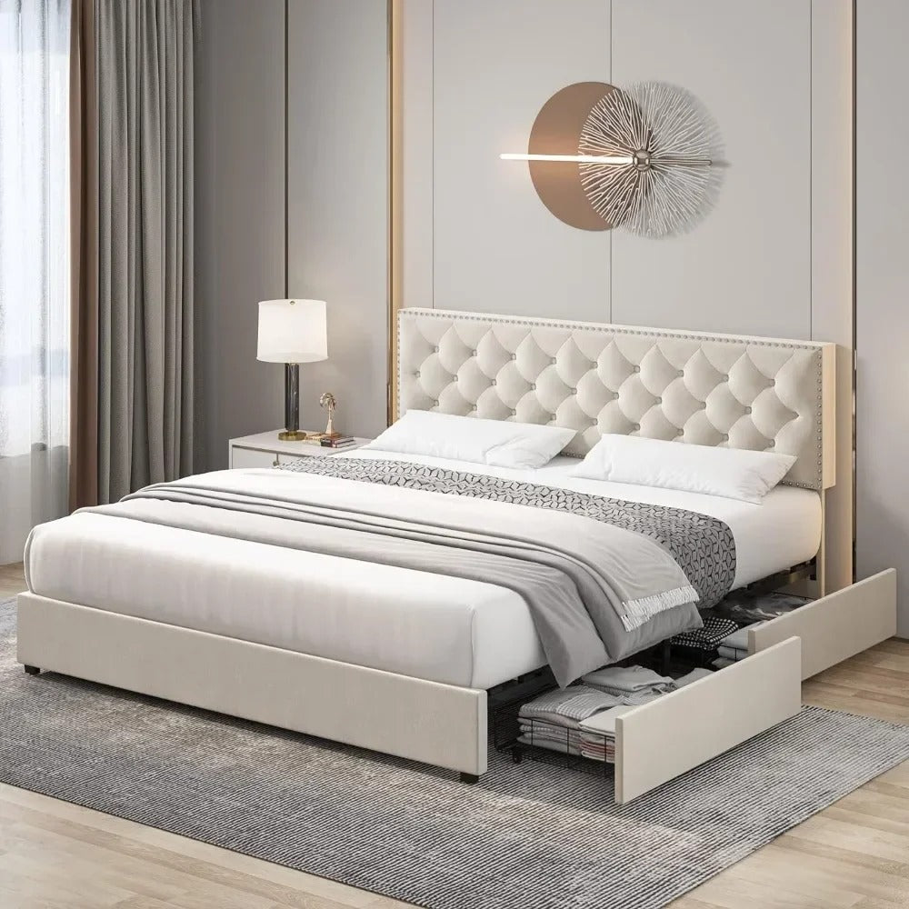 Upholstered Platform Bed Frame Storage Drawers Adjustable Headboard, Sturdy Slats, Elegant Tufted Design