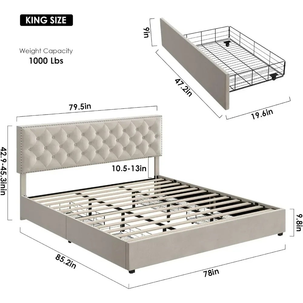 Upholstered Platform Bed Frame Storage Drawers Adjustable Headboard, Sturdy Slats, Elegant Tufted Design