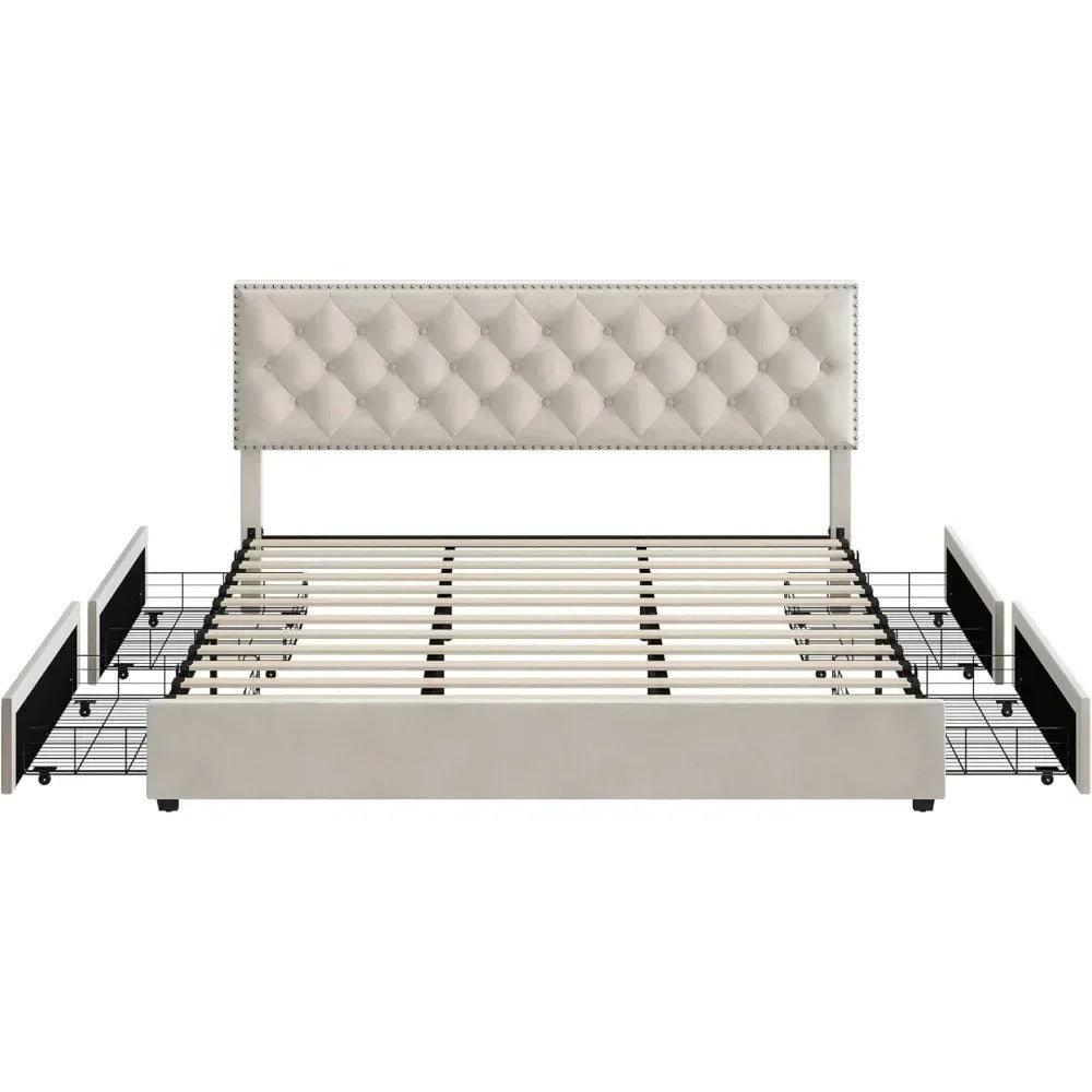 Upholstered Platform Bed Frame Storage Drawers Adjustable Headboard, Sturdy Slats, Elegant Tufted Design