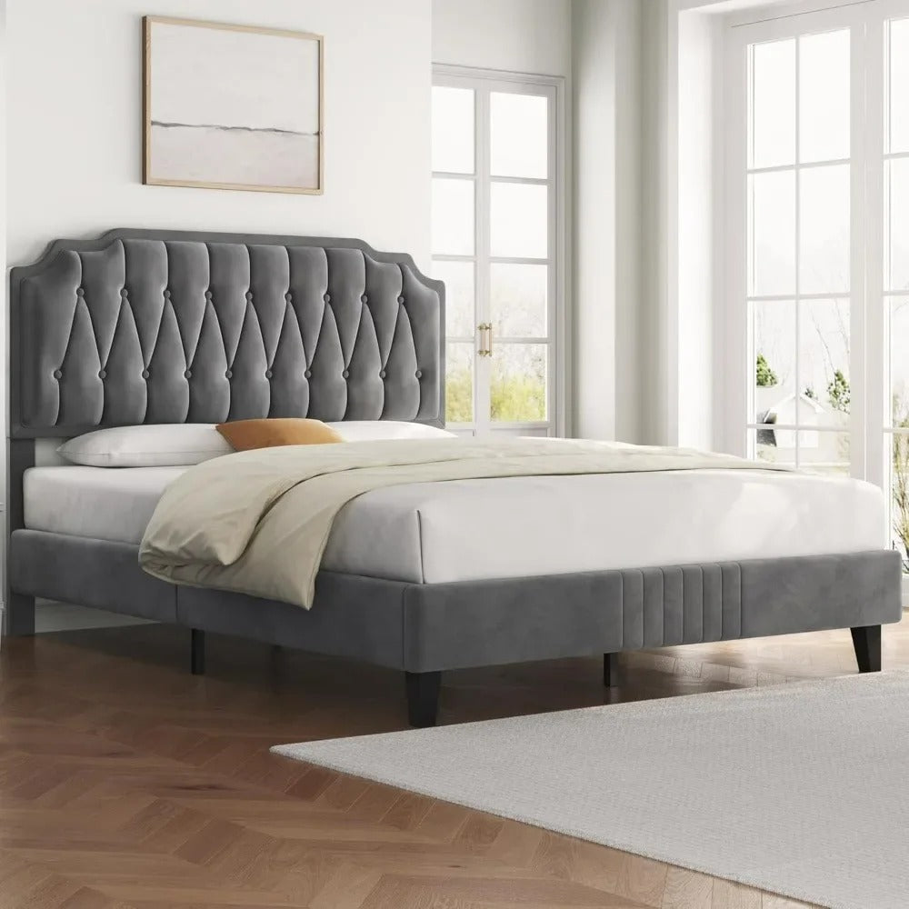 Velvet Platform Bed Frame Adjustable Curved Headboard Button Tufted Design Noise-Free Wooden Slats