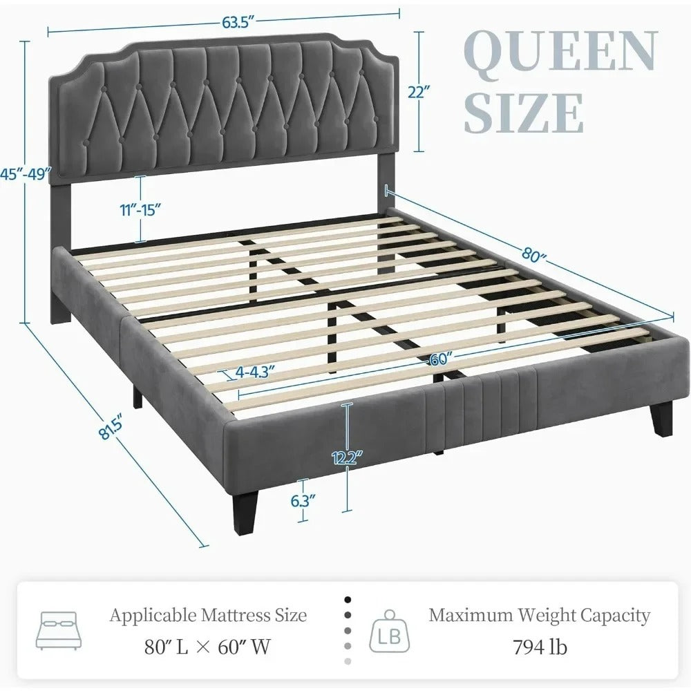 Velvet Platform Bed Frame Adjustable Curved Headboard Button Tufted Design Noise-Free Wooden Slats