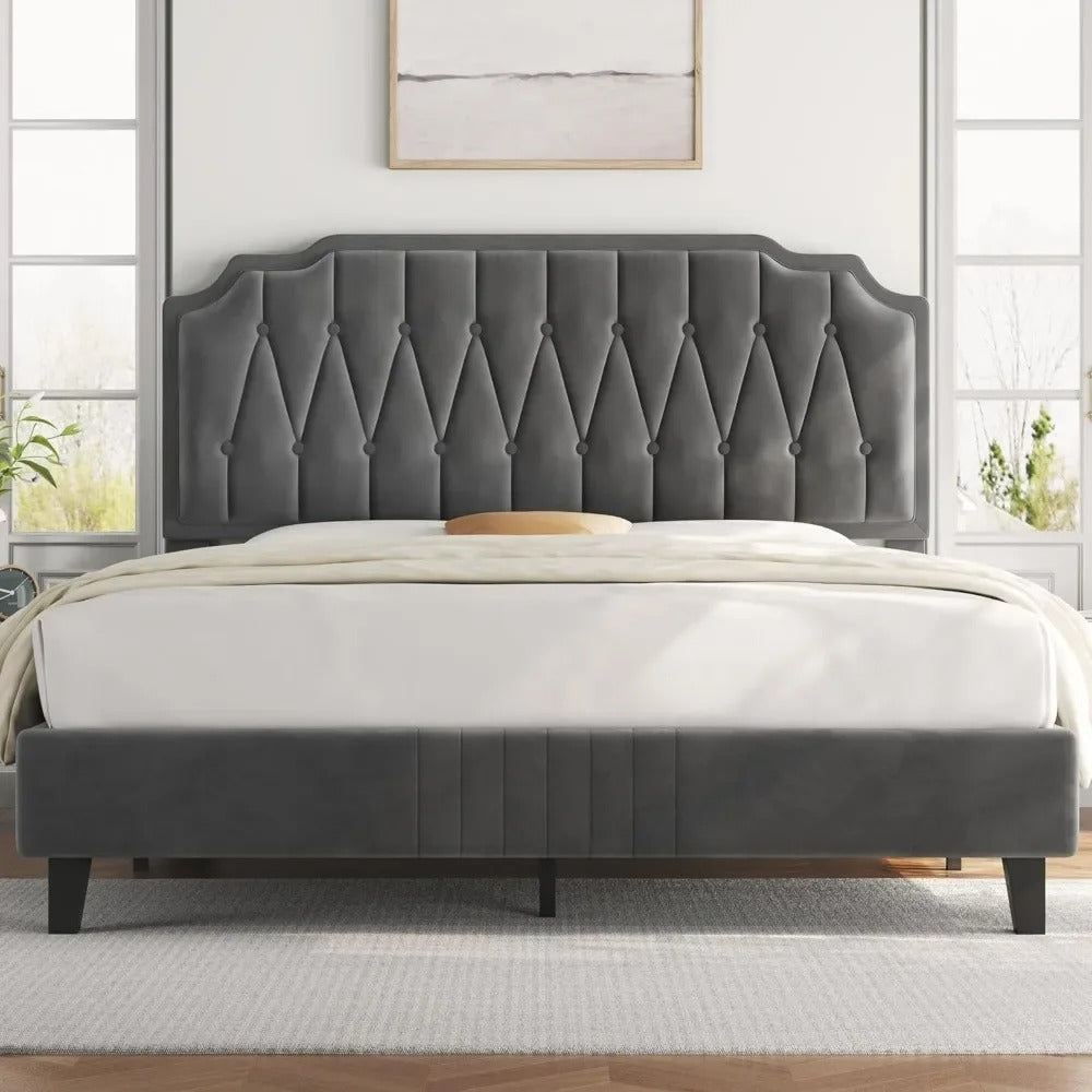 Velvet Platform Bed Frame Adjustable Curved Headboard Button Tufted Design Noise-Free Wooden Slats