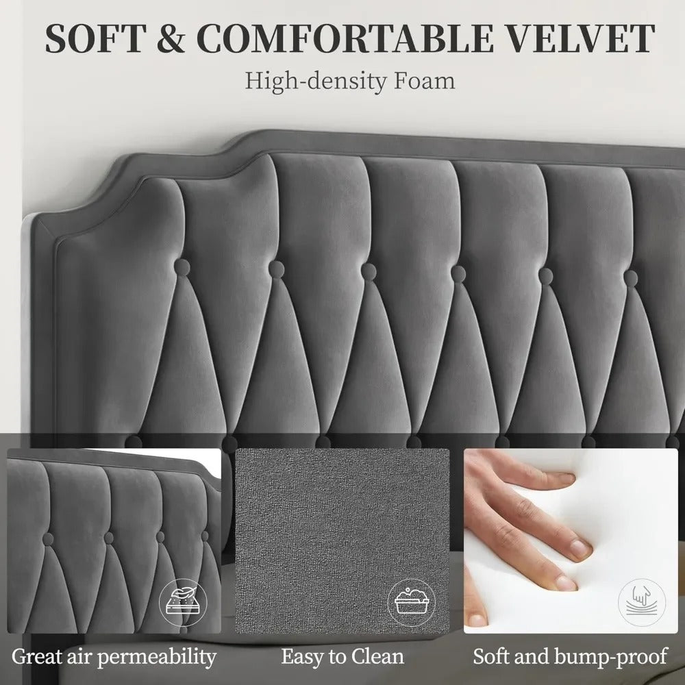 Velvet Platform Bed Frame Adjustable Curved Headboard Button Tufted Design Noise-Free Wooden Slats