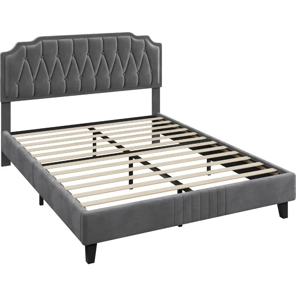 Velvet Platform Bed Frame Adjustable Curved Headboard Button Tufted Design Noise-Free Wooden Slats