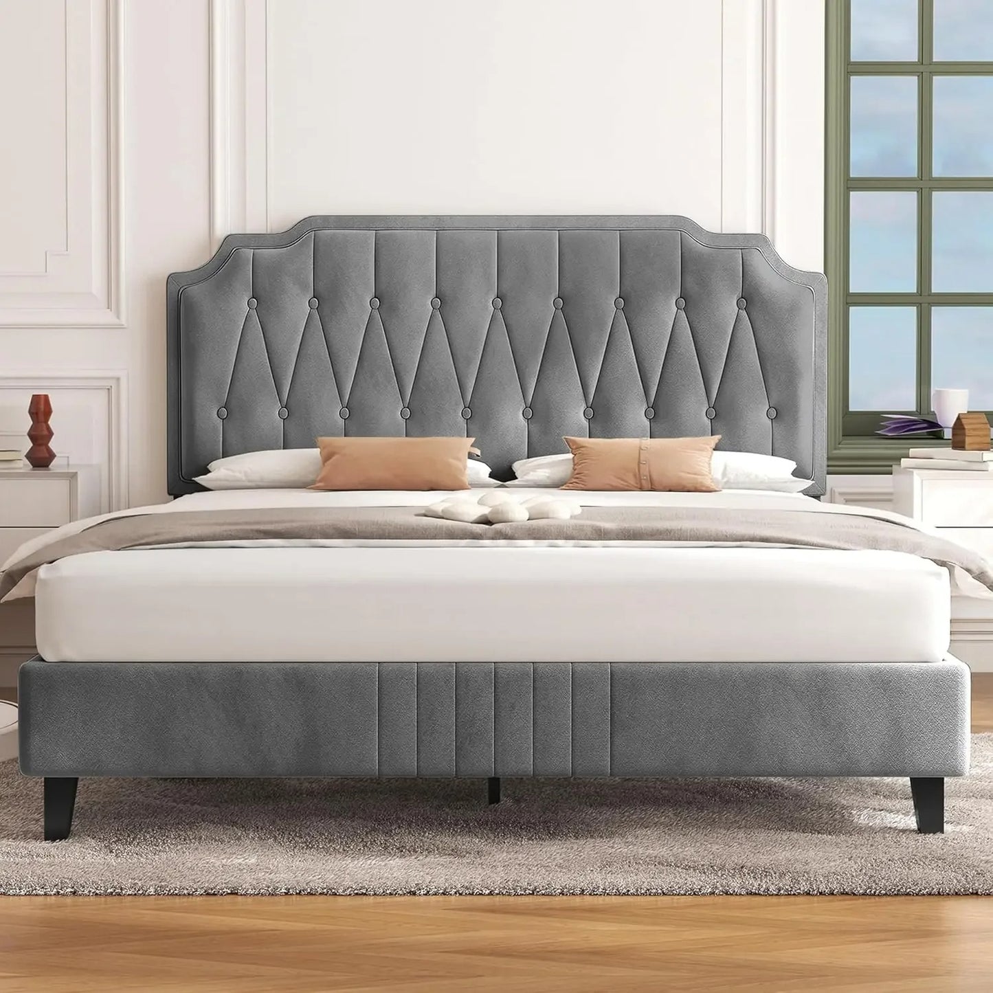 Velvet Platform Bed Frame Adjustable Curved Headboard Button Tufted Design Noise-Free Wooden Slats