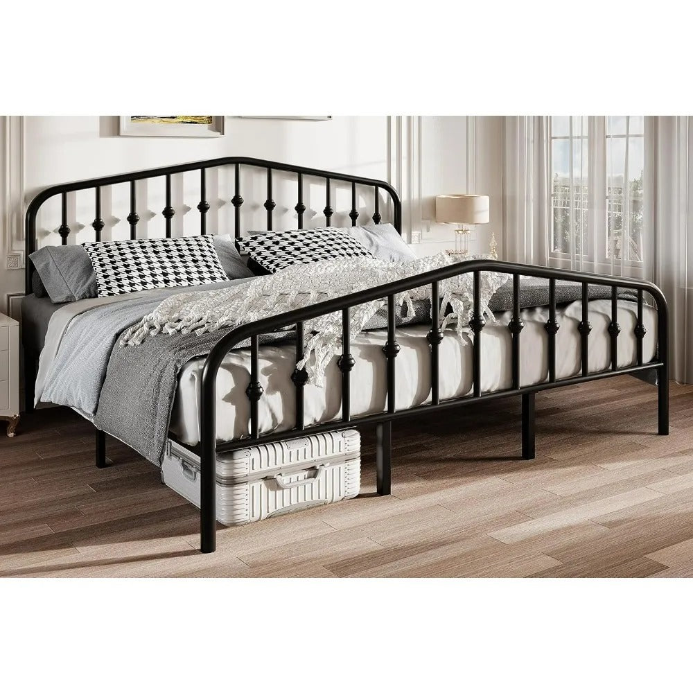 Vintage Metal Bed Frame Elegant Wrought Iron Platform Headboard Footboard, Sturdy and Stylish with Ample Storage, No Box Spring Required