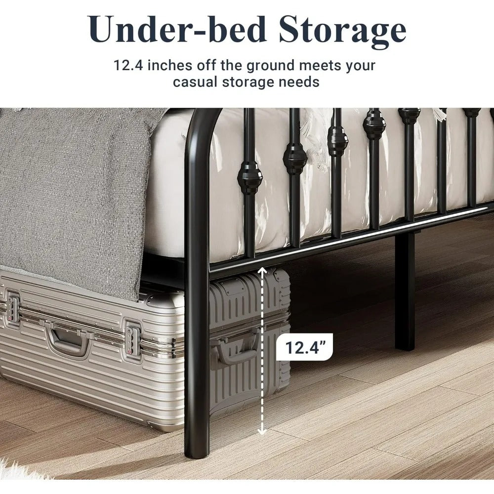 Vintage Metal Bed Frame Elegant Wrought Iron Platform Headboard Footboard, Sturdy and Stylish with Ample Storage, No Box Spring Required