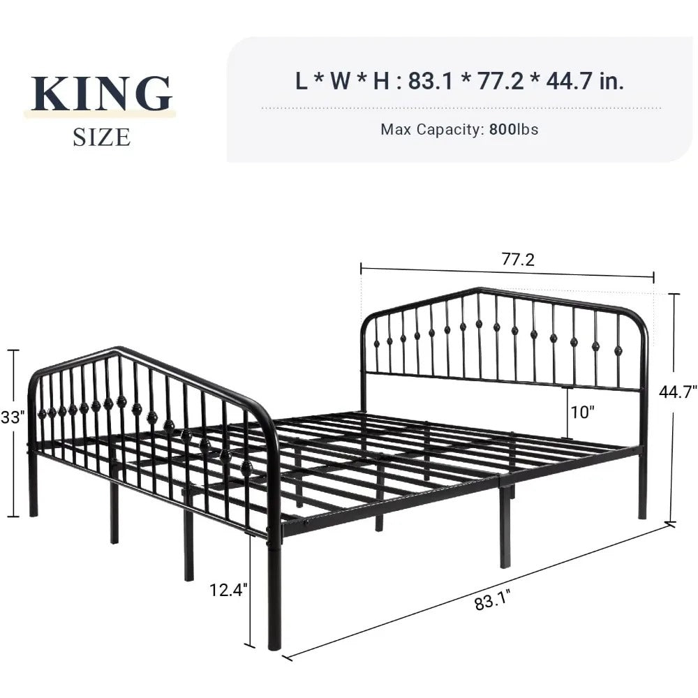 Vintage Metal Bed Frame Elegant Wrought Iron Platform Headboard Footboard, Sturdy and Stylish with Ample Storage, No Box Spring Required