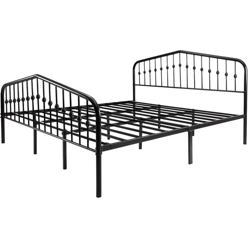 Vintage Metal Bed Frame Elegant Wrought Iron Platform Headboard Footboard, Sturdy and Stylish with Ample Storage, No Box Spring Required