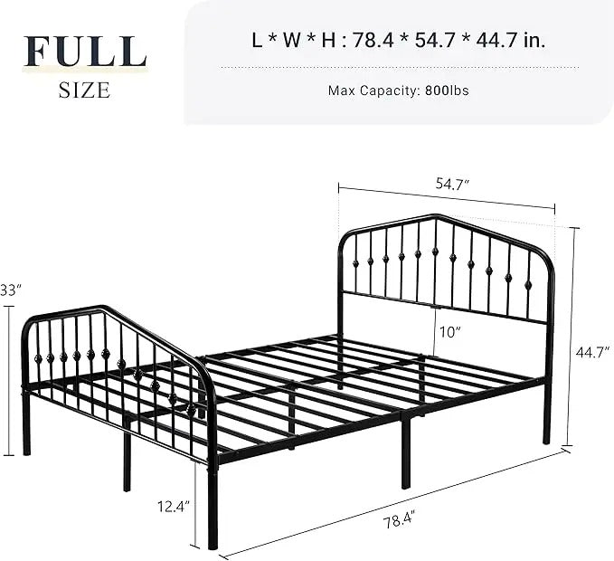 Vintage Metal Bed Frame Elegant Wrought Iron Platform Headboard Footboard, Sturdy and Stylish with Ample Storage, No Box Spring Required