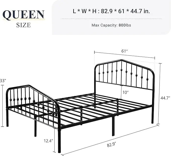 Vintage Metal Bed Frame Elegant Wrought Iron Platform Headboard Footboard, Sturdy and Stylish with Ample Storage, No Box Spring Required