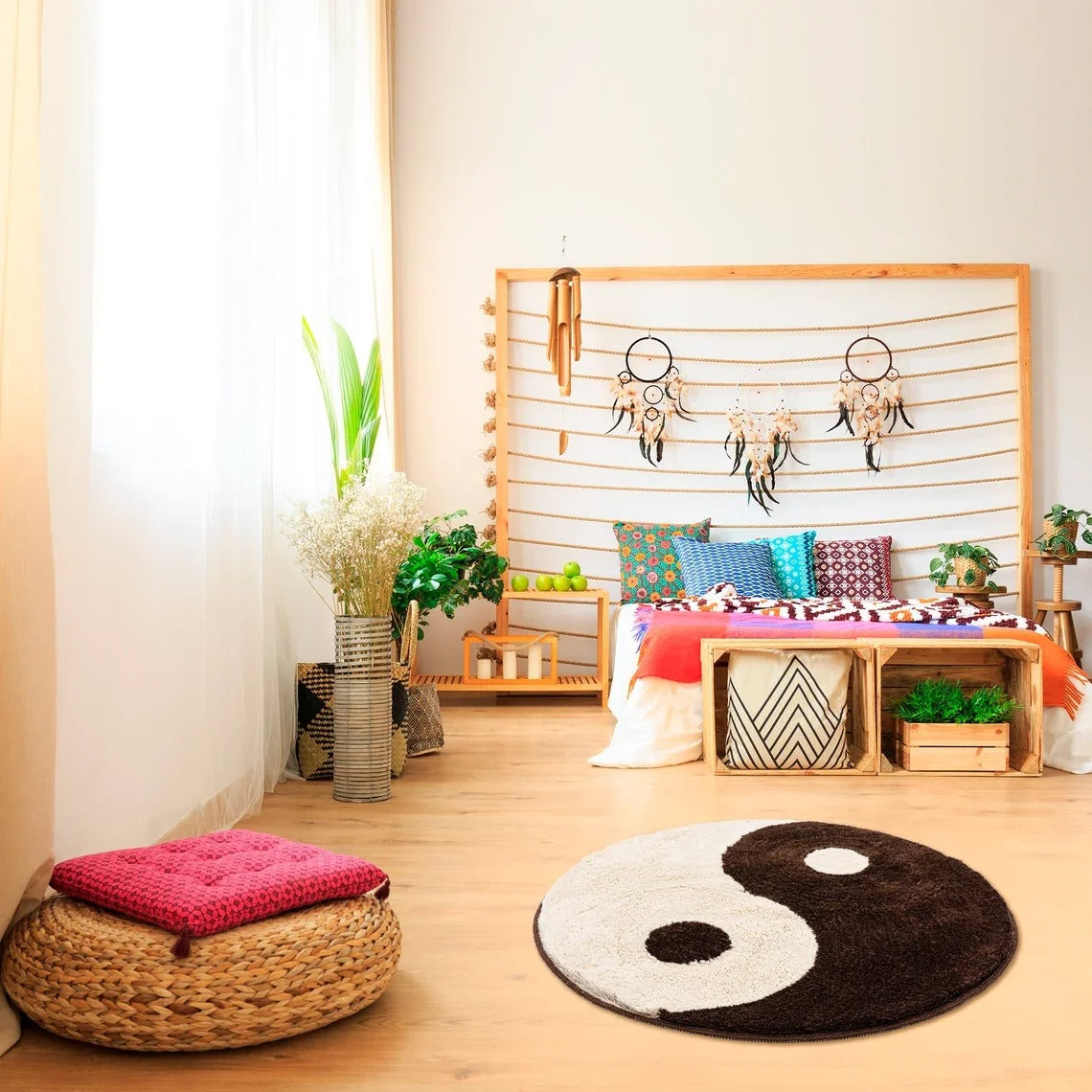 Yin Yang Symbol Black White Circle Tufted Rug