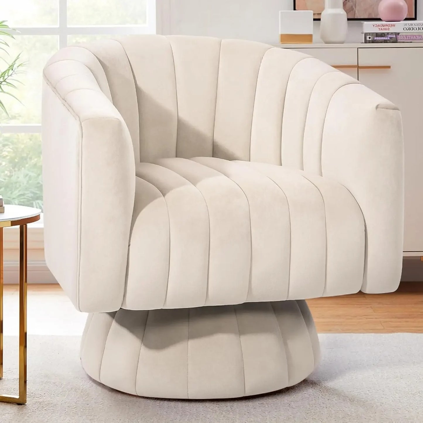 Mid Century Design Velvet Upholstered Barrel Cushioned Overstuffed Accent Chair