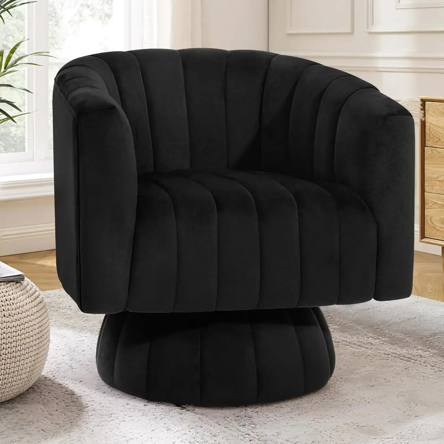 Mid Century Design Velvet Upholstered Barrel Cushioned Overstuffed Accent Chair