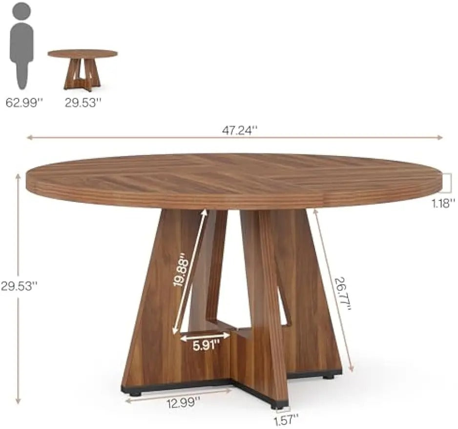 47-Inch Round Farmhouse Dining Table for 4–6 People Rustic Brown Pedestal Table with Engineered Wood Top