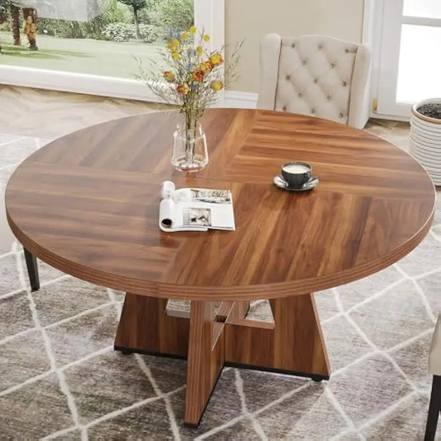 47-Inch Round Farmhouse Dining Table for 4–6 People Rustic Brown Pedestal Table with Engineered Wood Top
