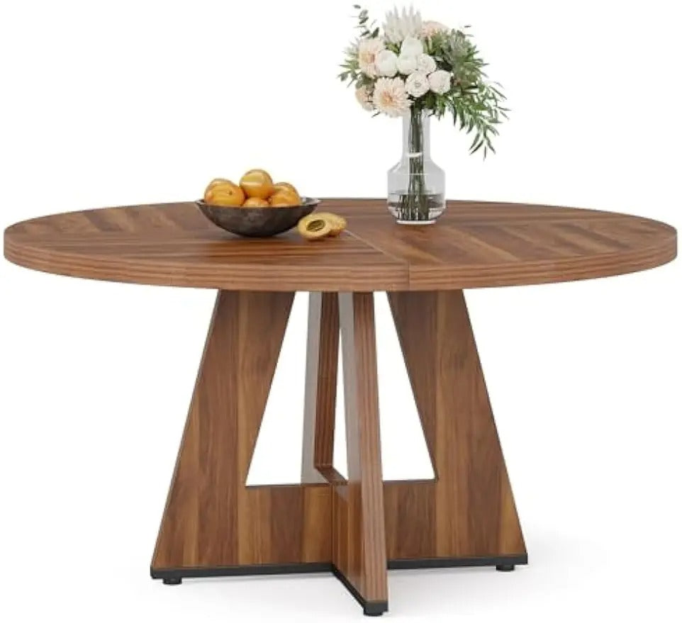 47-Inch Round Farmhouse Dining Table for 4–6 People Rustic Brown Pedestal Table with Engineered Wood Top