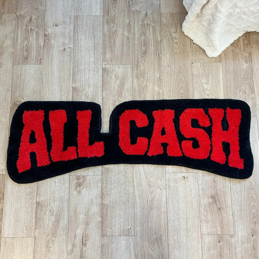 Black Red 'All Cash' Text Tufted Rug