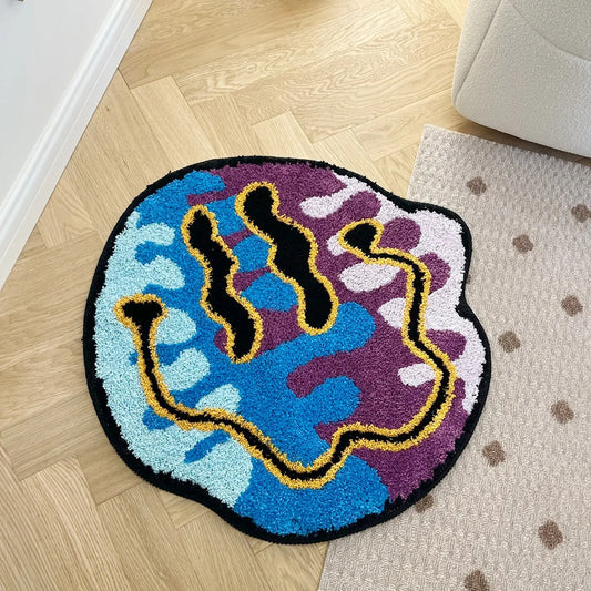 Blue Purple Trippy Smiling Face Tufted Rug