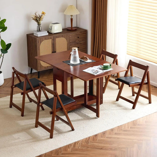 Expandable Folding Dining Table Set with Storage 5-Piece Solid Wood Drop Leaf Table with 4 Chairs, 2 Drawers, and Locking Wheels