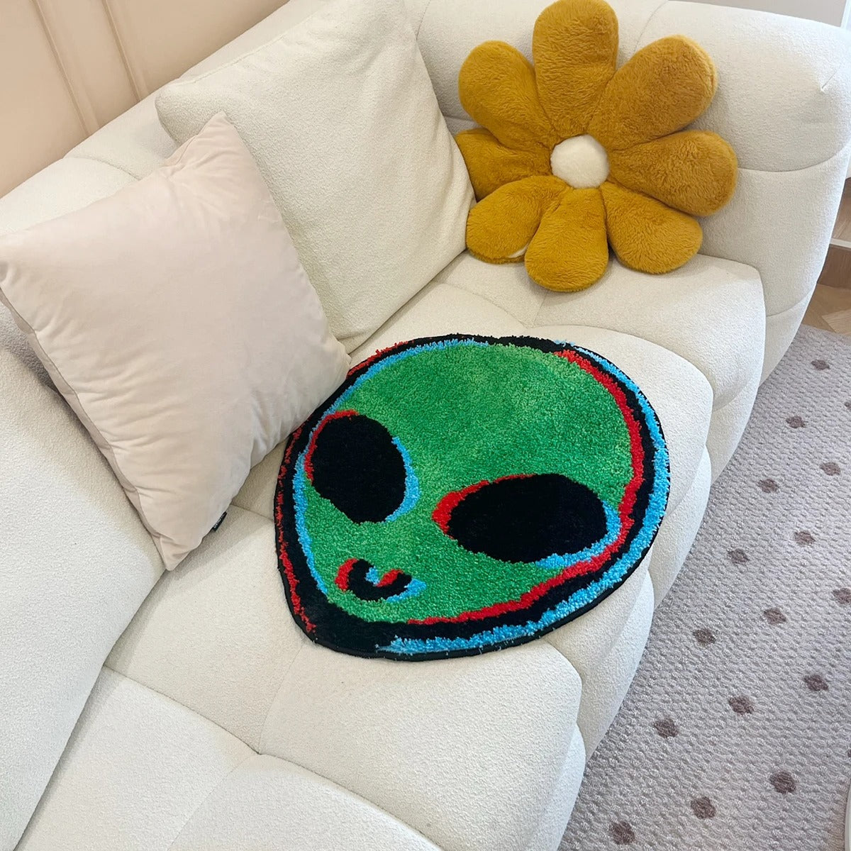 Green Alien Head Trippy Tufted Rug