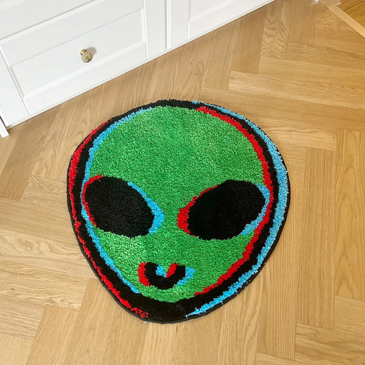 Green Alien Head Trippy Tufted Rug