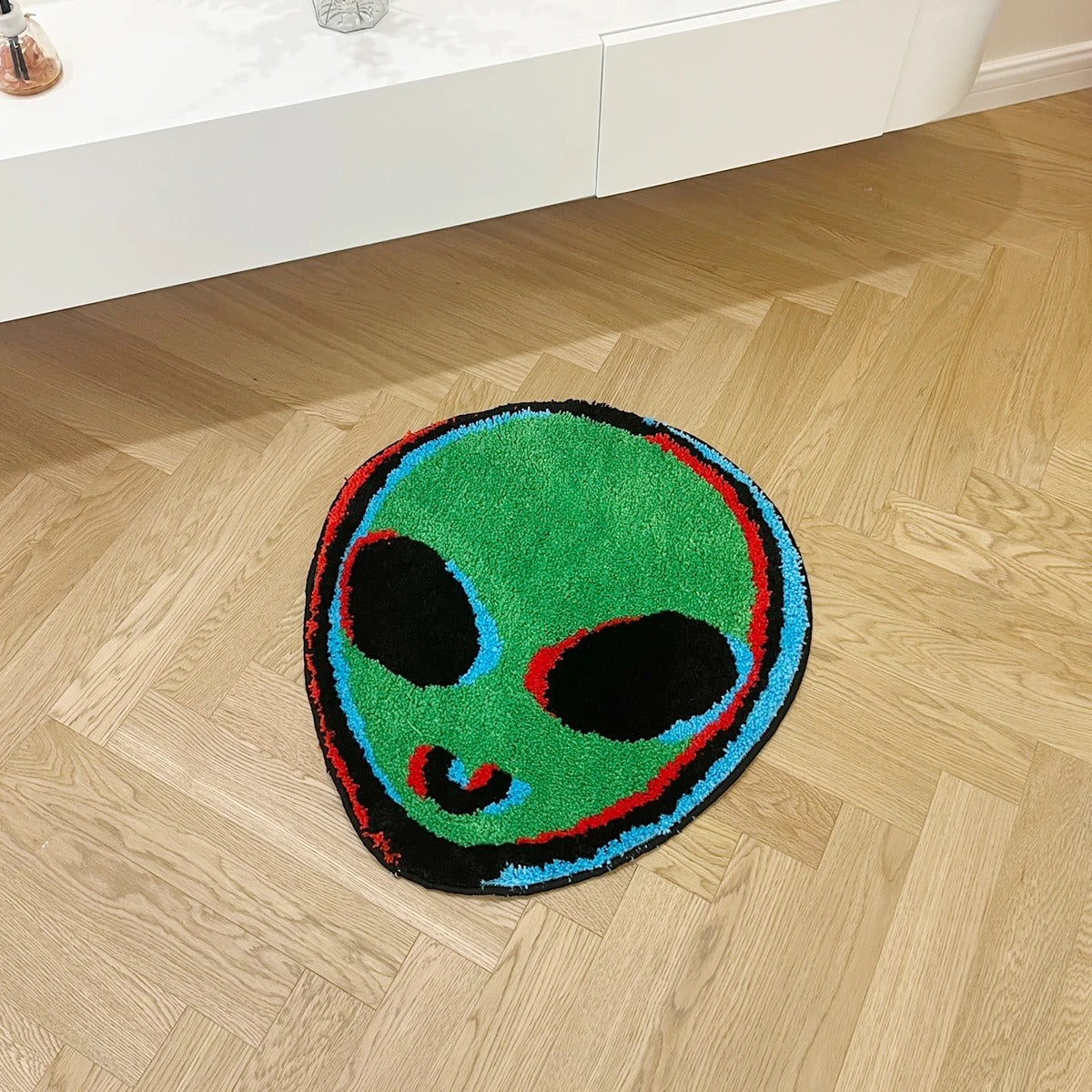 Green Alien Head Trippy Tufted Rug