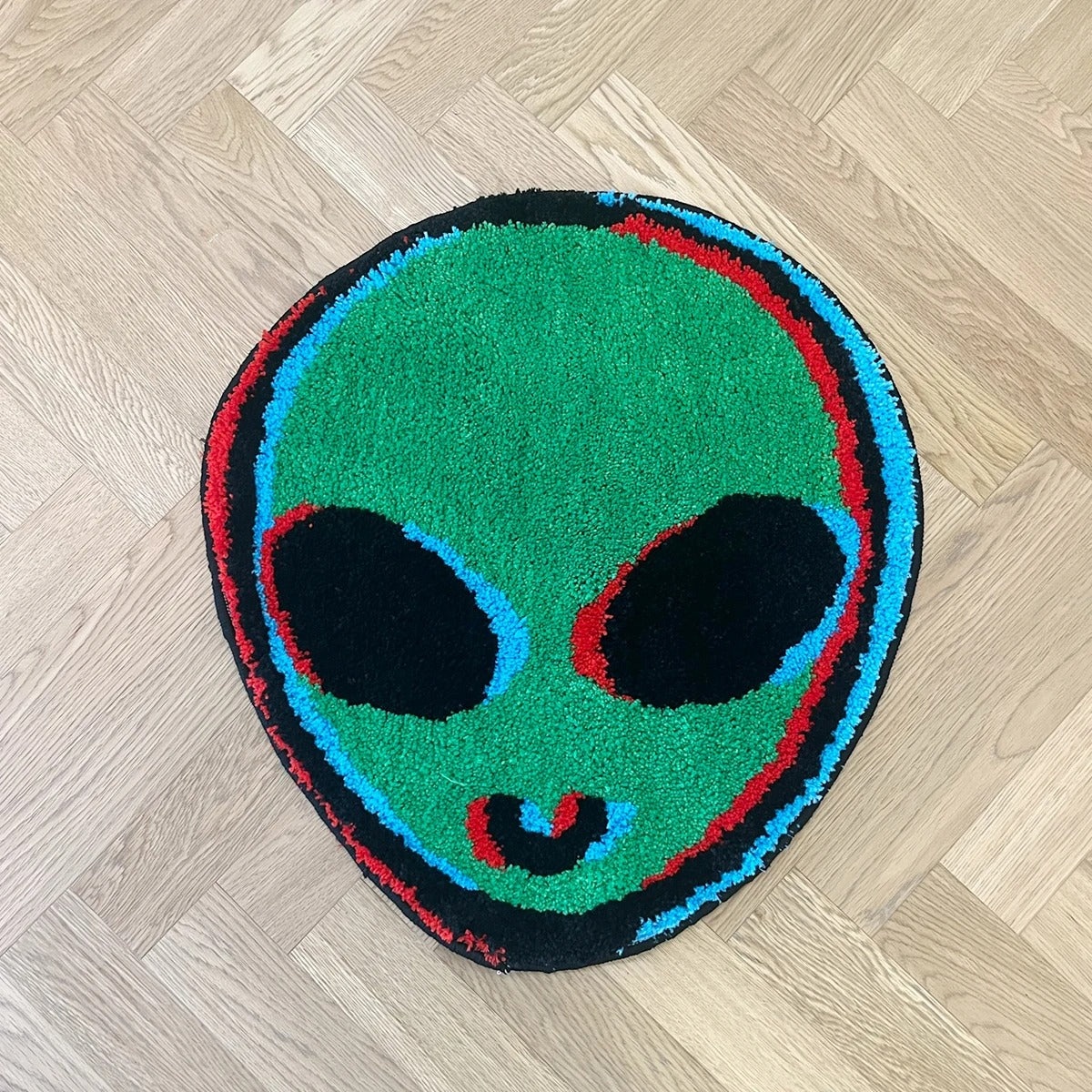 Green Alien Head Trippy Tufted Rug