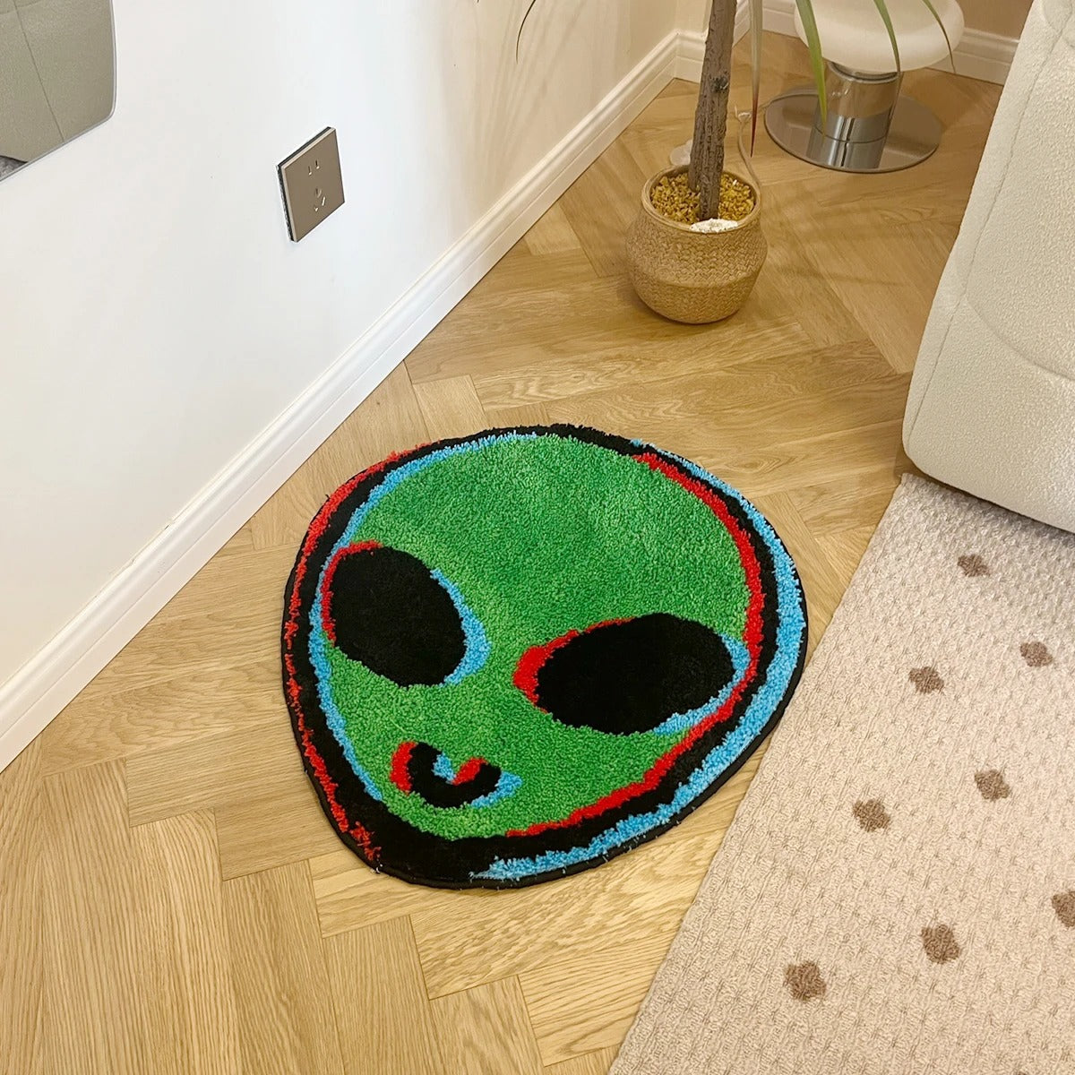 Green Alien Head Trippy Tufted Rug