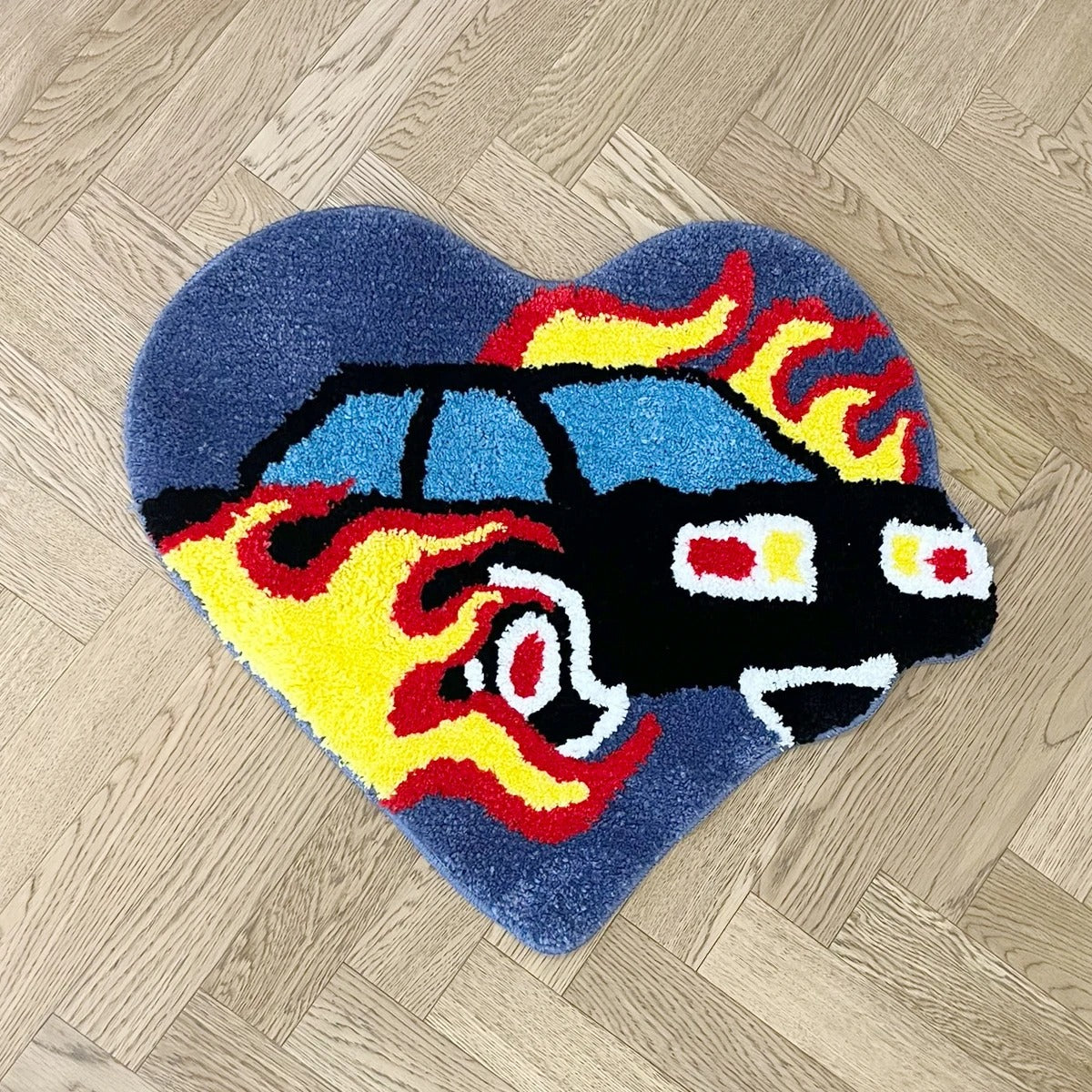 Heart Shaped Fast Car With Flames Tufted Rug