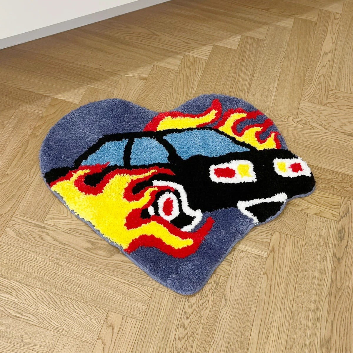 Heart Shaped Fast Car With Flames Tufted Rug