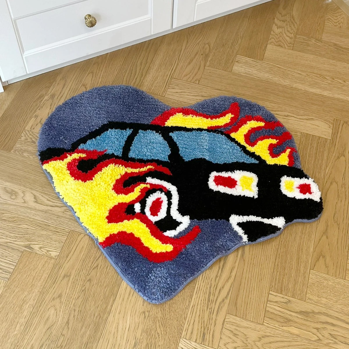 Heart Shaped Fast Car With Flames Tufted Rug