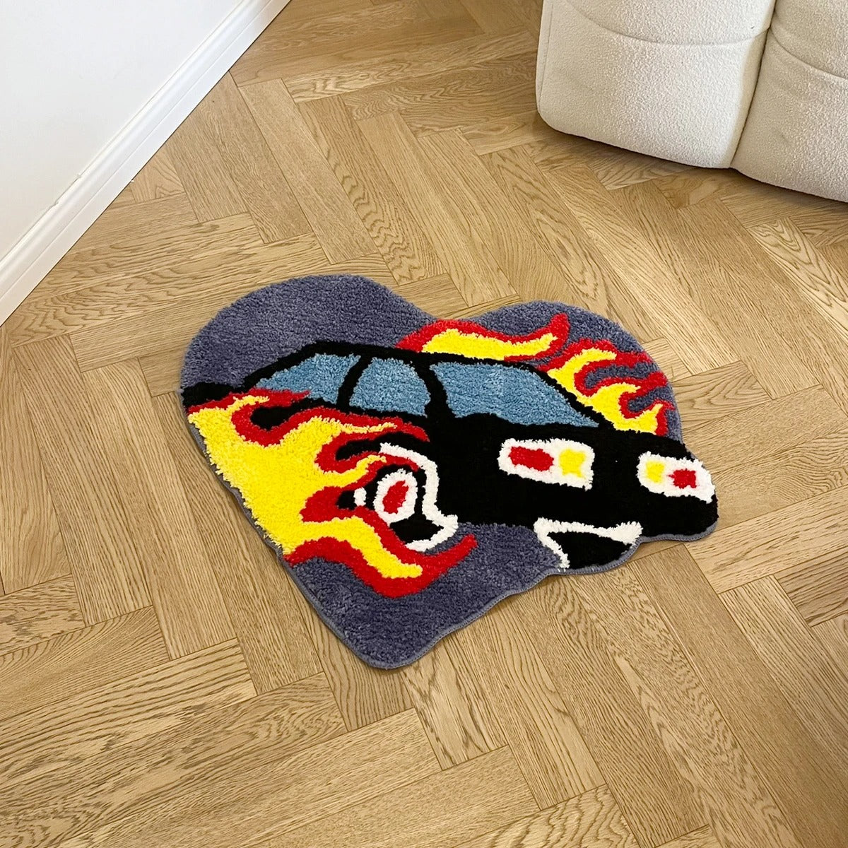 Heart Shaped Fast Car With Flames Tufted Rug