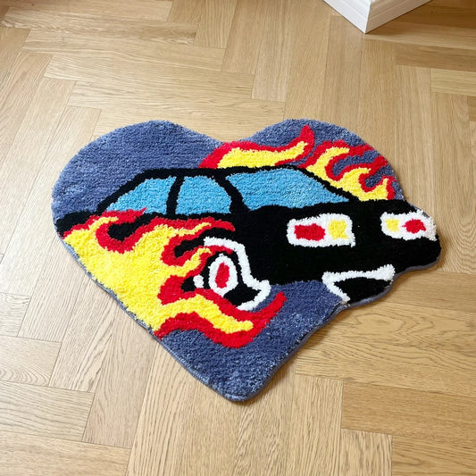 Heart Shaped Fast Car With Flames Tufted Rug