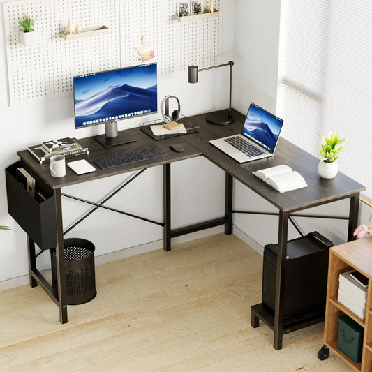 L-Shaped Home Office Gaming Computer Corner Desk with Storage Shelf & Side Bag