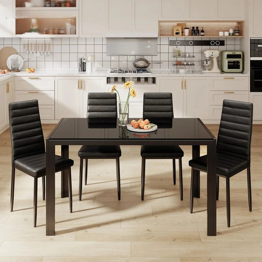 Minimalist 5-Piece Glass Dining Table Set with 4 PU Leather Chairs Modern Black Dining Room Table for Kitchen or Apartment