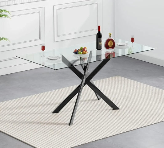 Modern 51-Inch Glass Dining Table for 6 Rectangular Clear Tempered Glass Table with Gold Black Chrome Metal Legs