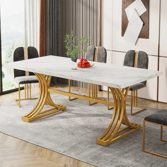 Modern 63-Inch White Dining Table with Faux Marble Top Rectangular Kitchen Table for 4–6 Seats with Gold Metal Legs