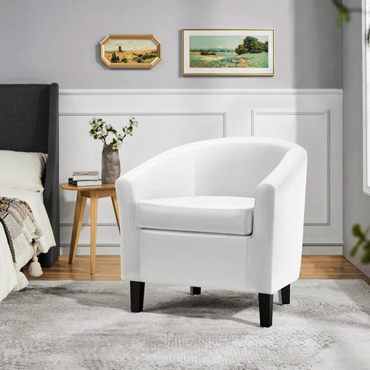 Modern Faux Leather Accent Chair Barrel Club Chair Solid Pine Wood Legs
