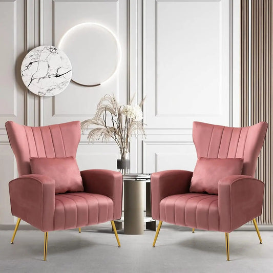 Modern Velvet High Back Accent Chairs Back Pillow Gold Legs (Set of 2)