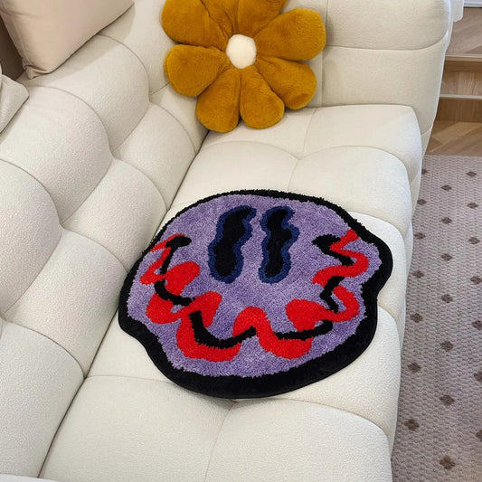 Purple Red Trippy Smiling Face Tufted Rug