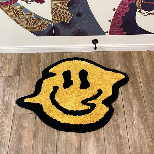 Black Yellow Trippy Smiling Face Tufted Rug